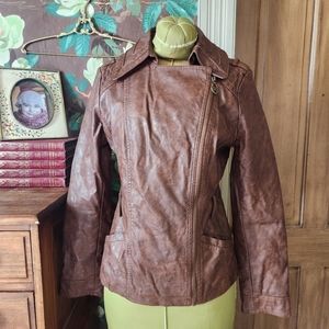 GUESS Vintage Fitted Faux Leather Moto Jacket | Brown | Size Medium